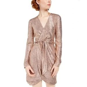 City Studio Metallic Gold Long Sleeve Tie Waist Vneck Mini Dress Juniors Size 11